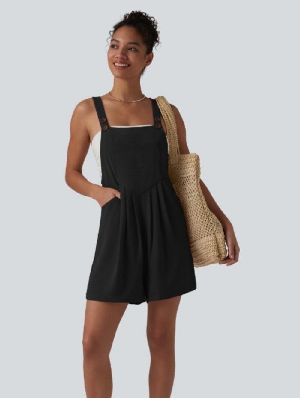 NEW! Halara Black Adjustable Straps Pleated  Romper Overalls Size XS